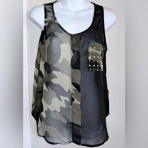 Zinga sheer camouflage black sleeveless studded pocket tank top Small